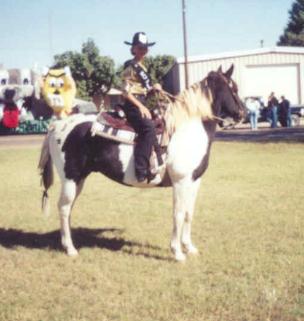 Ashlea as the Roosevelt County Fair Princess 2000. Preparation for competition was traumatic for both of us - but we survived. The horse is Tag, one of the first two we started t he school with. He passed away.